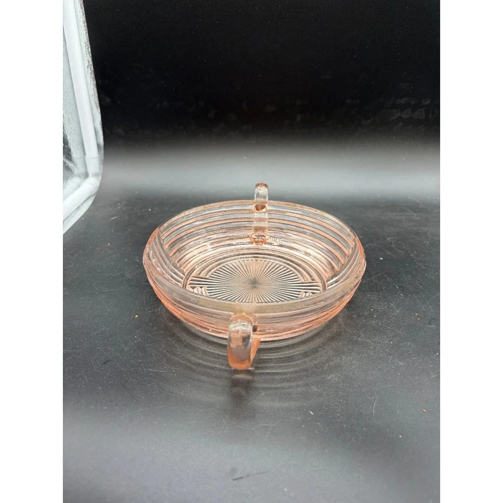 Vintage Pink Depression Glass Ribbed Candy Dish Art Deco Two Handle Nut Bowl‎